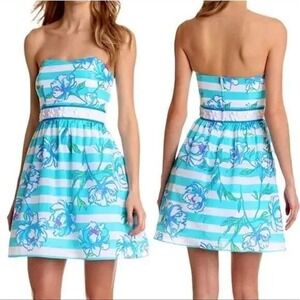 Lilly Pulitzer Strapless Langley Dress Shorely Blue Tossing The Line Floral Sz 0